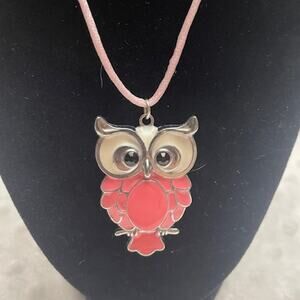 Vintage Pink & White Enameled Silver Owl Pendant w/Lobster Claw Pink Satin Cord